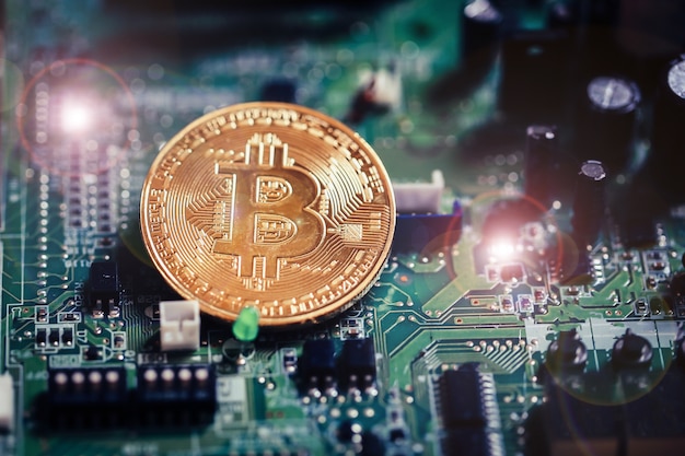 Bitcoin-valuta op elektronische bordachtergrond