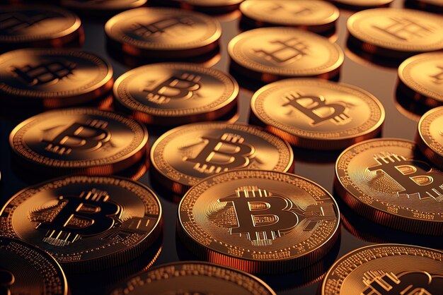 Foto bitcoin virtueel geld weergegeven als glanzende gouden munten achtergrond van een blockchain asset