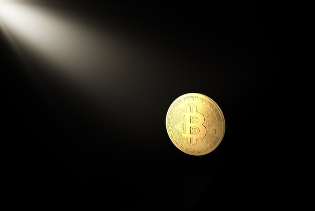 Bitcoin virtuele valuta wordt verlicht door een schijnwerper - zwarte achtergrond.