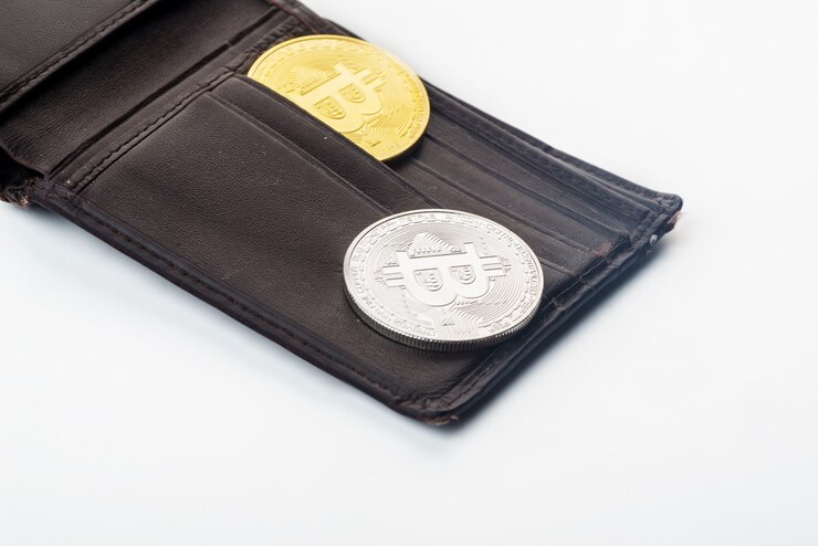 Photo bitcoin in the wallet, white background