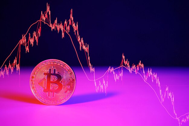 Bitcoin with blue and red lights with red crashing market volatility of crypto trading with technical graph red candlesticks going down without resistance market fear and downtrend