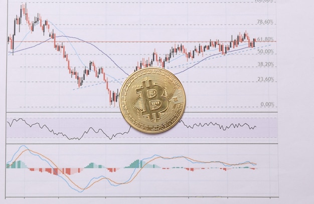 Bitcoin with diagrams closeup Cryptocurrency growth and fall statistics