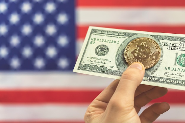 Bitcoin with dollar on USA flag background. Cryptocurrency and United States of America concept photo