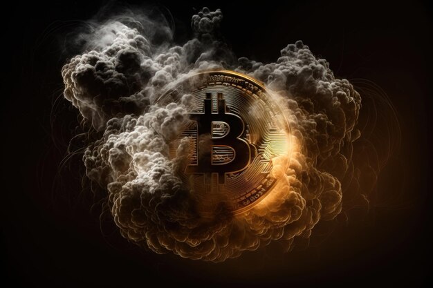 Bitcoin with glowing lights and smoke Gold symbol on black background AI generation