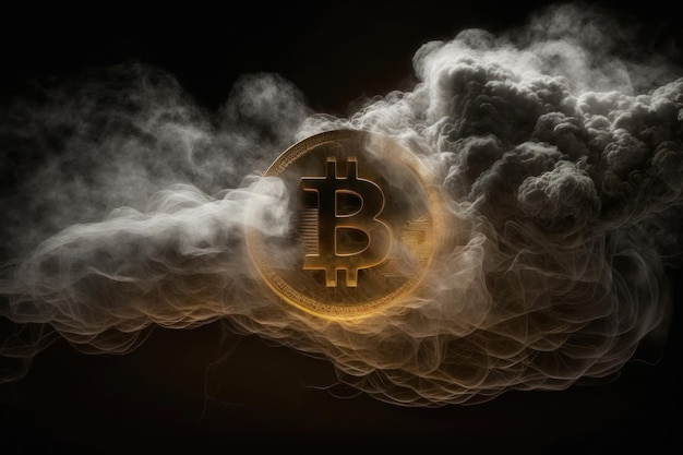 Bitcoin with glowing lights and smoke Gold symbol on black background AI generation