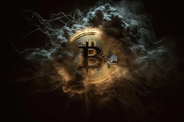 Bitcoin with glowing lights and smoke Gold symbol on black background AI generation