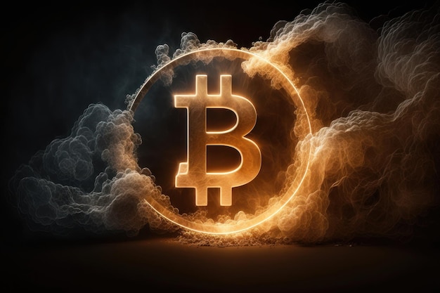 Bitcoin with glowing lights and smoke Gold symbol on black background AI generation