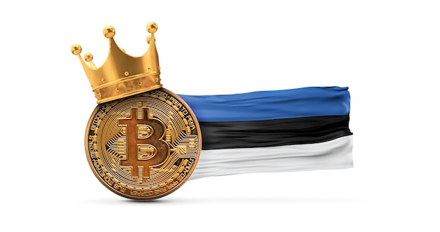 Bitcoin with gold crown and estonia flag cryptocurrency king concept d rendering