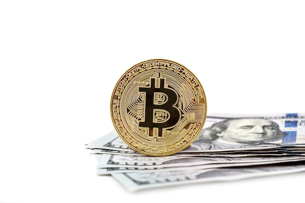 Bitcoin with heap of dollar bills on white background Business concept