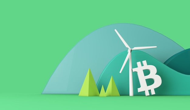 Bitcoin with a wind turbine in a green eco landscape d rendering