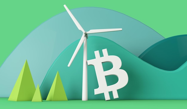 Bitcoin with a wind turbine in a green eco landscape d rendering