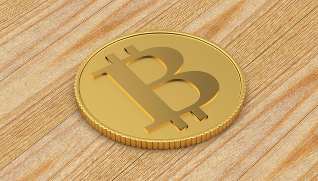 Bitcoin on a wooden surface. 3d