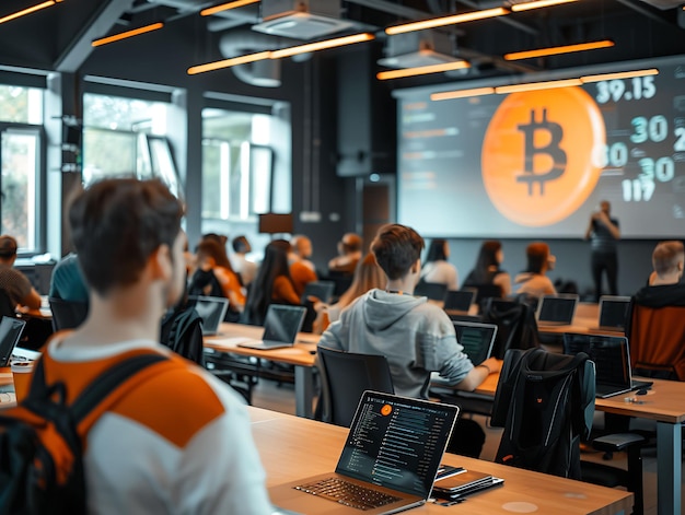 Photo bitcoin workshop with instructors teaching skills educationa photo of trending poster background