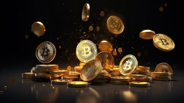 Bitcoins 3D Render Geïsoleerde Cryptocurrency Donkere Achtergrond Studio Foto Realistische Gouden Munten Bounc