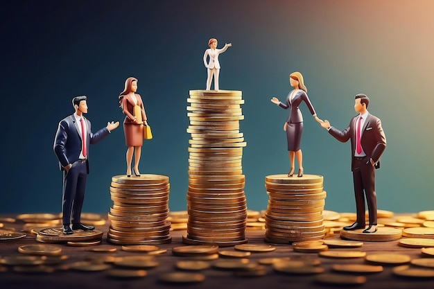 Bitcoins A 3D Render of Stack Coins With Business People on Top Economy Template