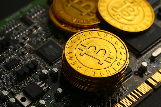 bitcoins on circuit board