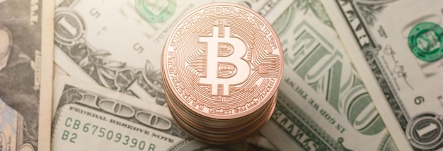 Bitcoins on dollar notes the Digital cryptocurrency, banner size. ideal for websites and magazines layouts