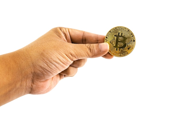 Bitcoins in the hand of man isolated