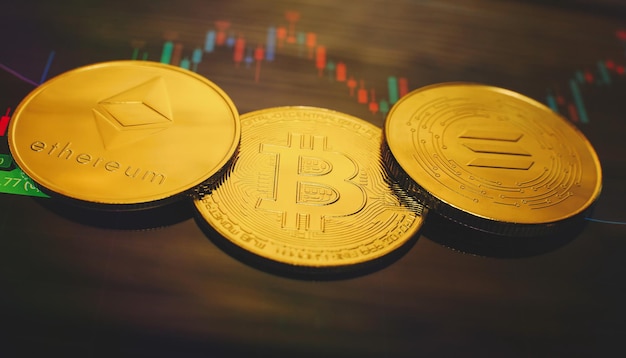 Bitcoins と新しい仮想マネーの概念キャンドル スティック グラフ チャートとデジタル背景を持つゴールド ビットコイン