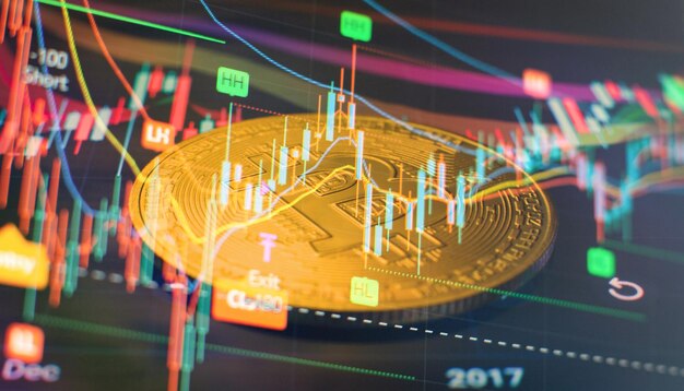 Bitcoins and new virtual money concept trading graph and\
candlestick chart suitable for financial investment concept