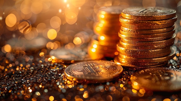 Bitcoins on a table with a light background