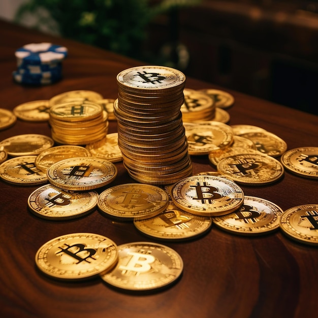 bitcoins on a table