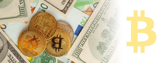 Bitcoins on a texture background of euro and dollars panorama