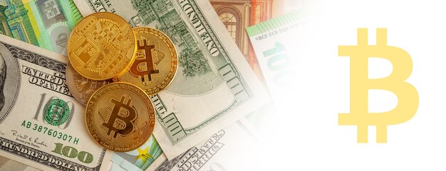 Bitcoins on a texture background of euro and dollars panorama