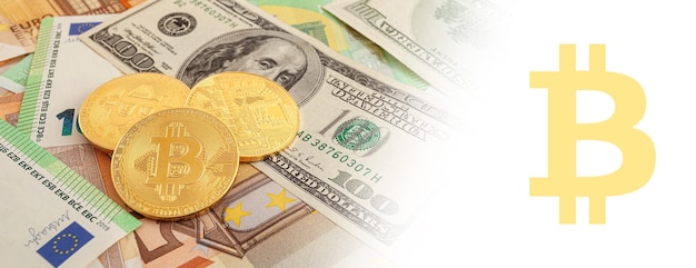 Bitcoins on a texture background of euro and dollars panorama