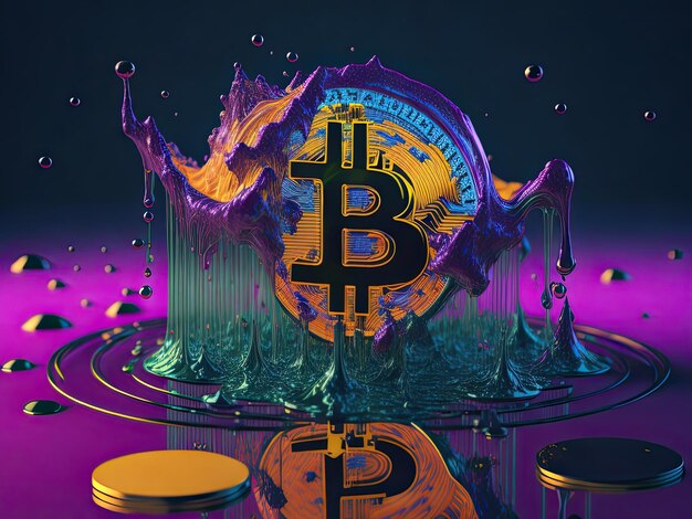 Bitcoins in vibrant color liquid