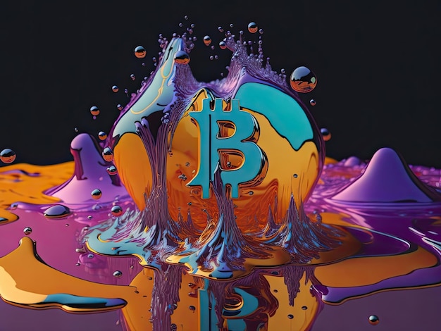Photo bitcoins in vibrant color liquid