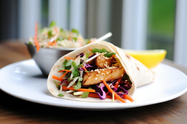 Photo bite taken out of a flaxseed wrap with tofu and asian slaw