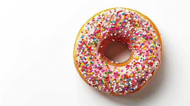 Bitten strawberry donut with colorful sprinkles isolated on white background Top view