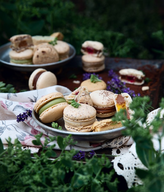 Foto bitterkoekjes op een oude bakplaat en een lavendelbloesem als decoratie tussen groene struiken