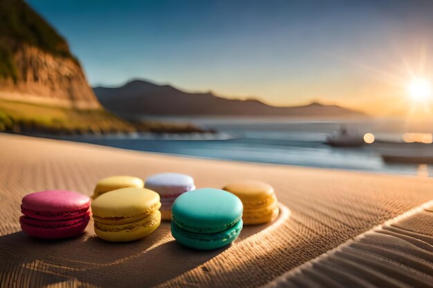 Bitterkoekjes op een strand met een zonsondergang op de achtergrond