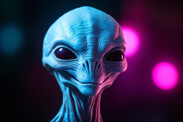 bizarre alien glimlachend op een neon heldere kleurrijke achtergrond breed shot portret