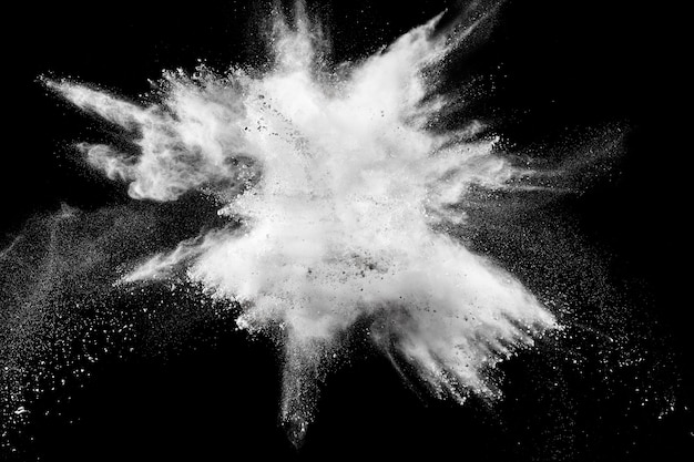 Bizarre forms of  white powder explosion cloud against dark background. 