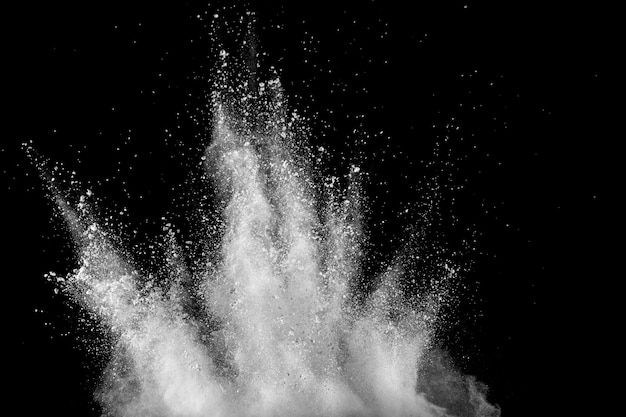 Bizarre forms of white powder explosion cloud.White dust particles splash.