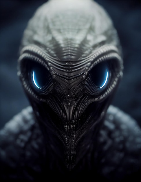 Bizarre reptilian alien with big almond shaped eyes 3d concept\
art illustration