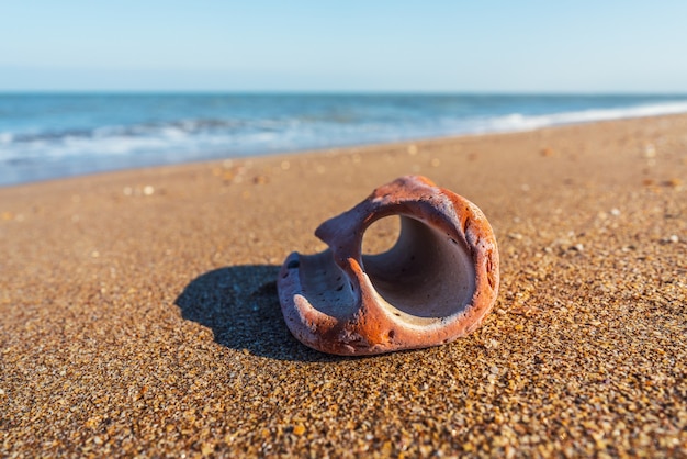 Bizarre stone with hole on the seashore