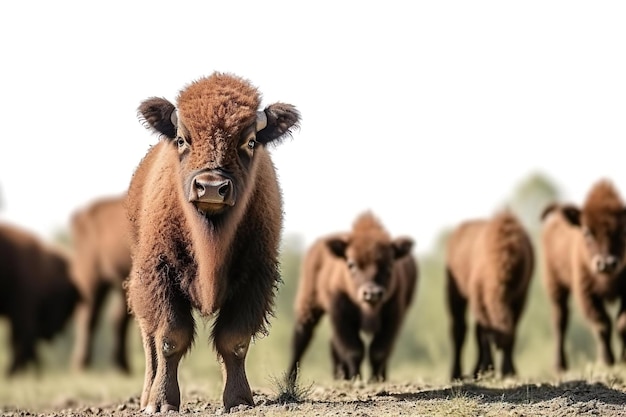 Bizonbaby met de kudde Buffelkalf met volwassenen