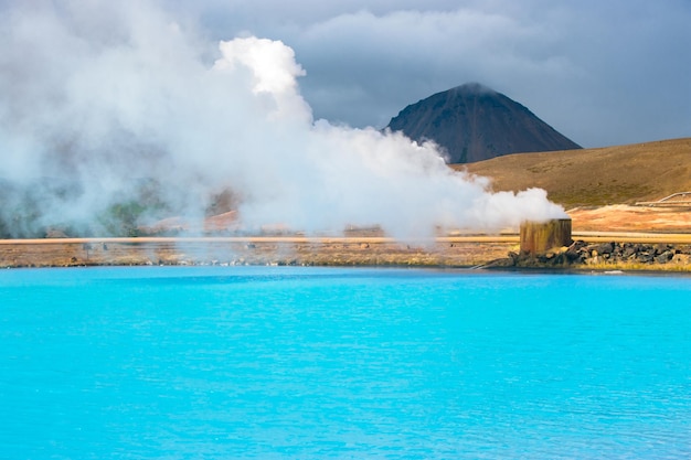 Bjarnarflag Geothermal Power Station North Iceland and steam from area near Namafjall Mountain