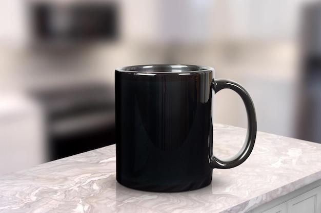 Black 11 oz Glossy Coffee Cup Mockup in Modern Kitchen Scene