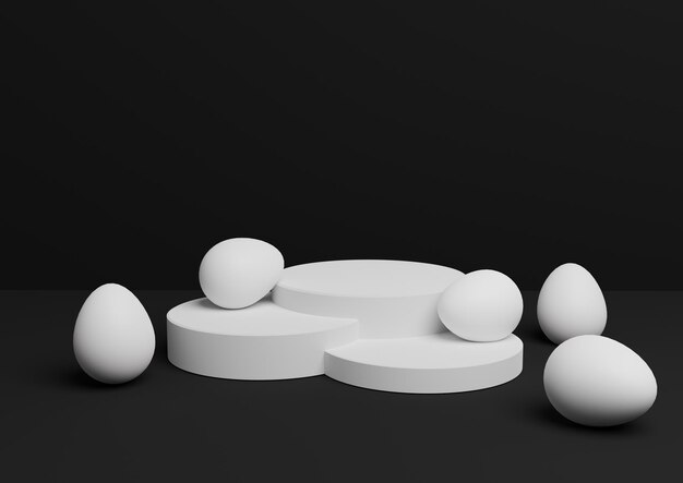 Черный 3D-рендеринг пасхальной тематики, подиум, подиум, композиция, разноцветные яйца, минимальный