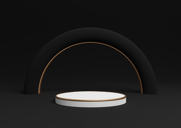Supporto per podio per esposizione di prodotti semplici in 3d nero linee dorate arco minimo geometrico e lucentezza lussuosa