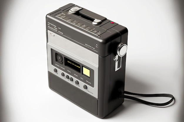 Walkman lettore cassette nero anni '70 su sfondo grigio chiaro