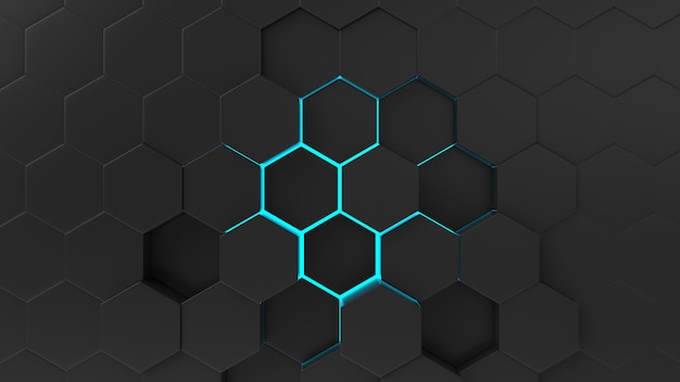 Black abstract background hexagon pattern with light rays.