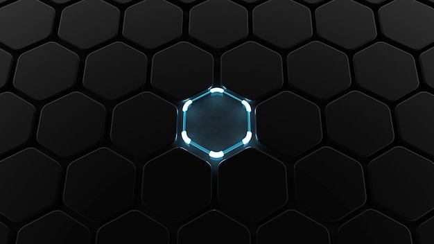 Black abstract background with hexagons and glow