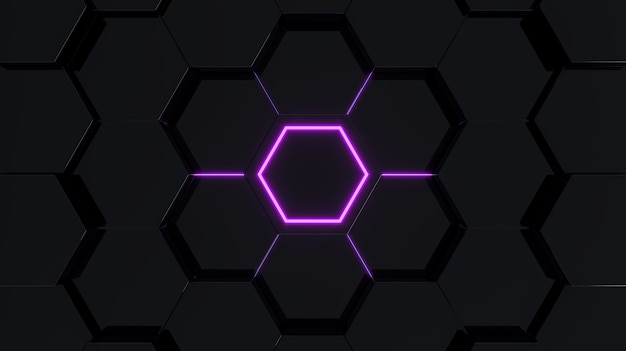 Black abstract futuristic hexagonal scene with purple light 3D rendering