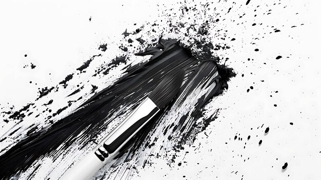 Photo black abstract painting brush stroke with black acrylic paint on white paper